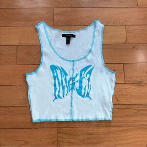Forever 21 White Cropped Tank w Blue 'Angel' Butterfly